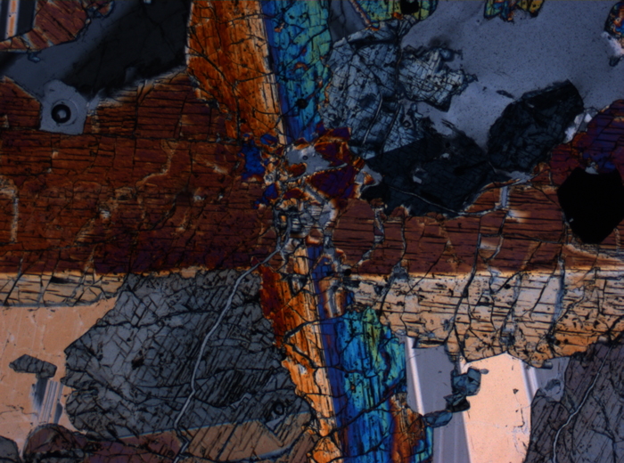 Thin Section Photograph of Apollo 15 Sample 15085,11 in Cross-Polarized Light at 2.5x Magnification and 2.85 mm Field of View (View #1)