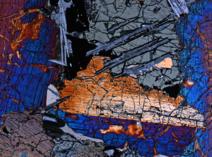 Thin Section Photograph of Apollo 15 Sample 15085,11 in Cross-Polarized Light at 2.5x Magnification and 2.85 mm Field of View (View #2)
