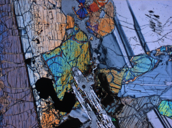 Thin Section Photograph of Apollo 15 Sample 15085,11 in Cross-Polarized Light at 2.5x Magnification and 2.85 mm Field of View (View #3)