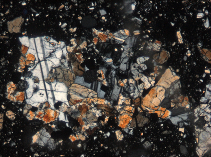 Thin Section Photograph of Apollo 15 Sample 15086,32 in Cross-Polarized Light at 5x Magnification and 1.4 mm Field of View (View #2)