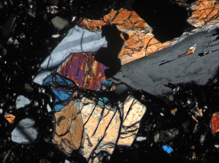 Thin Section Photograph of Apollo 15 Sample 15086,32 in Cross-Polarized Light at 10x Magnification and 0.7 mm Field of View (View #8)