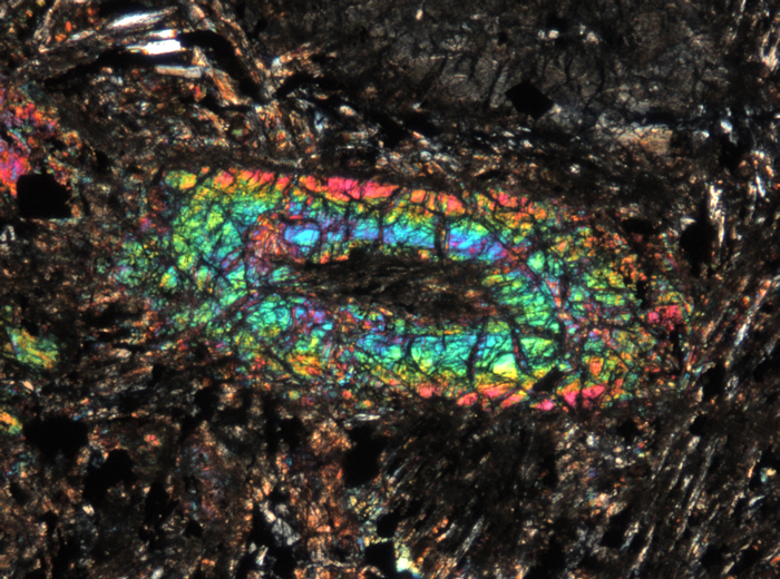 Thin Section Photograph of Apollo 15 Sample 15205,123 in Cross-Polarized Light at 5x Magnification and 1.4 mm Field of View (View #3)