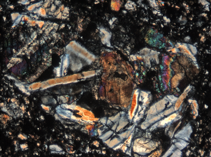 Thin Section Photograph of Apollo 15 Sample 15205,123 in Cross-Polarized Light at 5x Magnification and 1.4 mm Field of View (View #4)