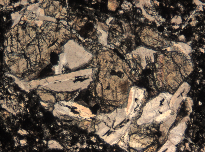 Thin Section Photograph of Apollo 15 Sample 15205,123 in Plane-Polarized Light at 5x Magnification and 1.4 mm Field of View (View #4)