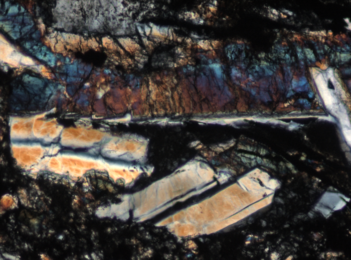 Thin Section Photograph of Apollo 15 Sample 15205,123 in Cross-Polarized Light at 10x Magnification and 0.7 mm Field of View (View #6)