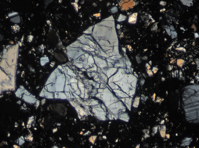Thin Section Photograph of Apollo 15 Sample 15255,38 in Cross-Polarized Light at 10x Magnification and 0.7 mm Field of View (View #2)