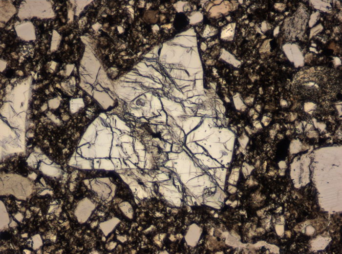 Thin Section Photograph of Apollo 15 Sample 15255,38 in Plane-Polarized Light at 10x Magnification and 0.7 mm Field of View (View #2)