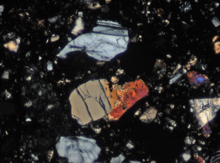 Thin Section Photograph of Apollo 15 Sample 15255,38 in Cross-Polarized Light at 10x Magnification and 0.7 mm Field of View (View #3)