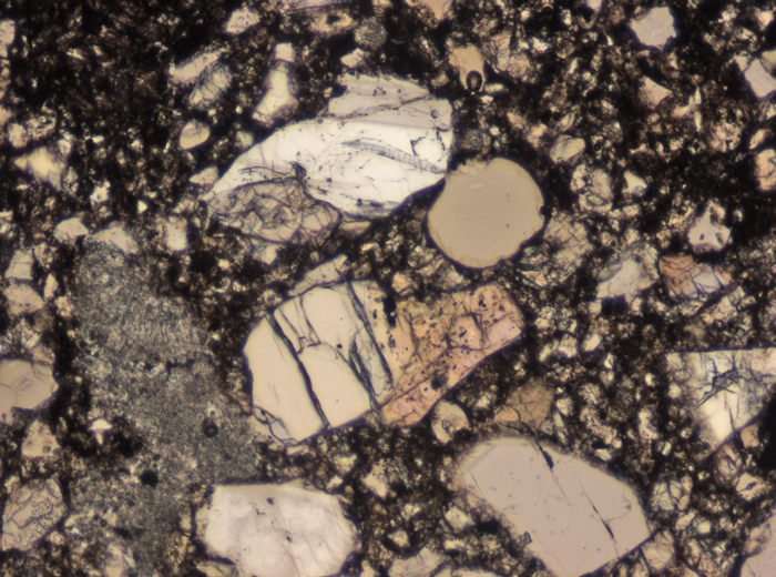 Thin Section Photograph of Apollo 15 Sample 15255,38 in Plane-Polarized Light at 10x Magnification and 0.7 mm Field of View (View #3)