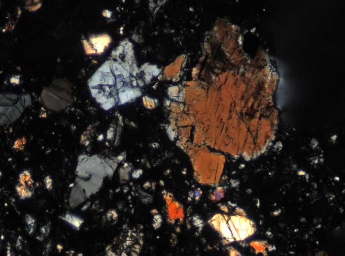 Thin Section Photograph of Apollo 15 Sample 15255,38 in Cross-Polarized Light at 10x Magnification and 0.7 mm Field of View (View #5)