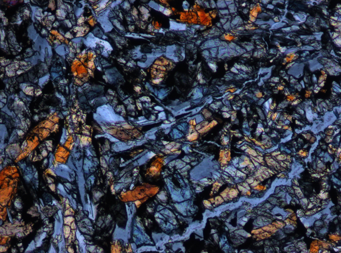 Thin Section Photograph of Apollo 15 Sample 15256,20 in Cross-Polarized Light at 10x Magnification and 0.7 mm Field of View (View #3)
