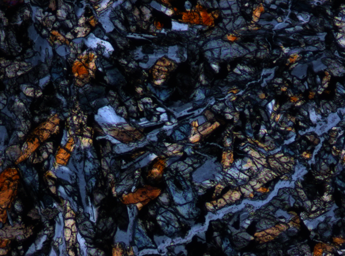 Thin Section Photograph of Apollo 15 Sample 15256,20 in Cross-Polarized Light at 10x Magnification and 0.7 mm Field of View (View #3)