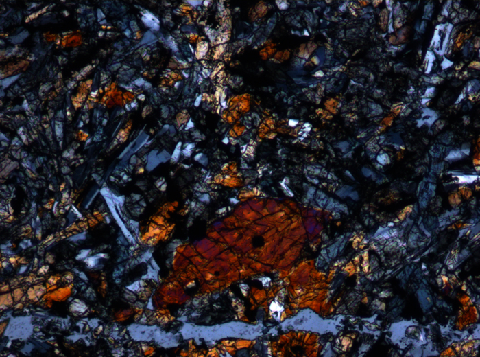 Thin Section Photograph of Apollo 15 Sample 15256,20 in Cross-Polarized Light at 10x Magnification and 0.7 mm Field of View (View #4)