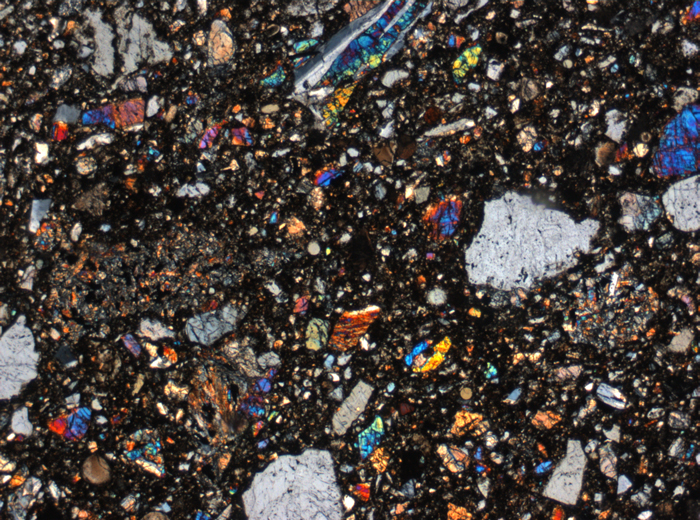 Thin Section Photograph of Apollo 15 Sample 15257,4 in Cross-Polarized Light at 2.5x Magnification and 2.85 mm Field of View (View #1)