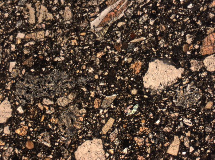 Thin Section Photograph of Apollo 15 Sample 15257,4 in Plane-Polarized Light at 2.5x Magnification and 2.85 mm Field of View (View #1)