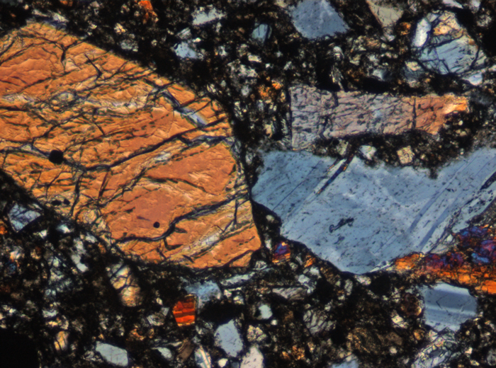 Thin Section Photograph of Apollo 15 Sample 15257,4 in Cross-Polarized Light at 10x Magnification and 0.7 mm Field of View (View #2)