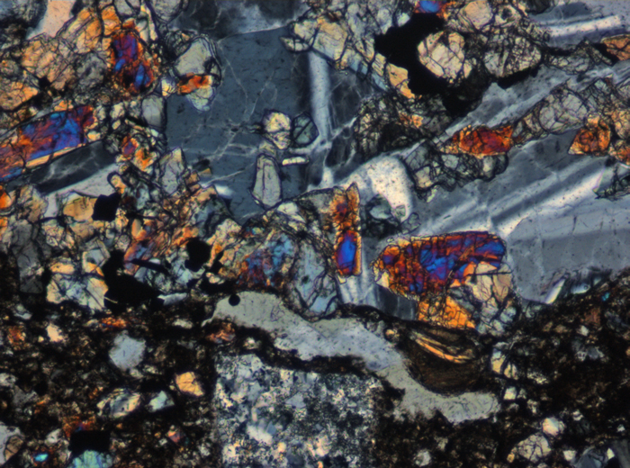 Thin Section Photograph of Apollo 15 Sample 15257,4 in Cross-Polarized Light at 10x Magnification and 0.7 mm Field of View (View #3)