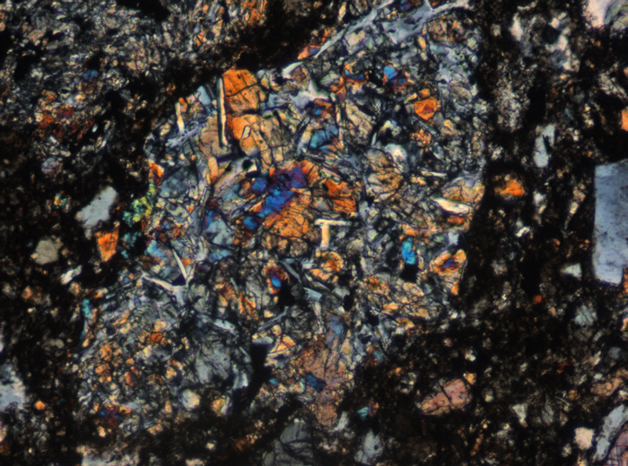 Thin Section Photograph of Apollo 15 Sample 15257,4 in Cross-Polarized Light at 10x Magnification and 0.7 mm Field of View (View #4)