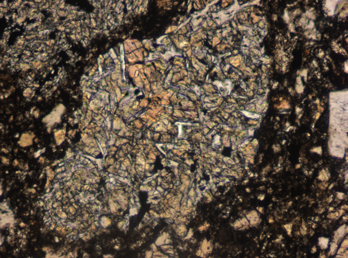 Thin Section Photograph of Apollo 15 Sample 15257,4 in Plane-Polarized Light at 10x Magnification and 0.7 mm Field of View (View #4)