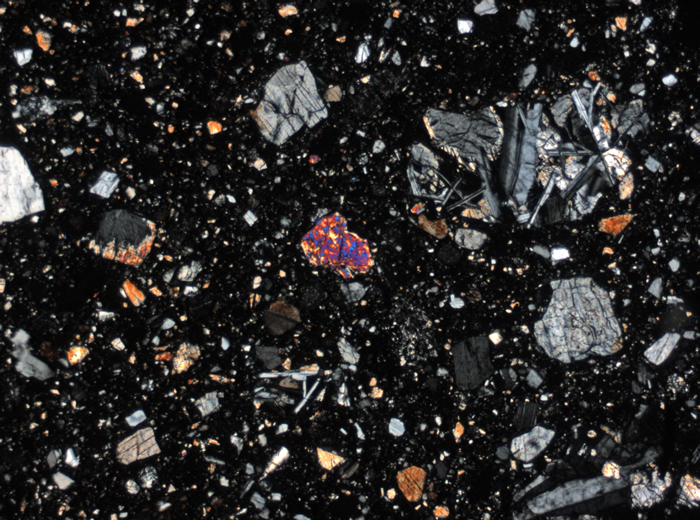 Thin Section Photograph of Apollo 15 Sample 15265,11 in Cross-Polarized Light at 2.5x Magnification and 2.85 mm Field of View (View #1)