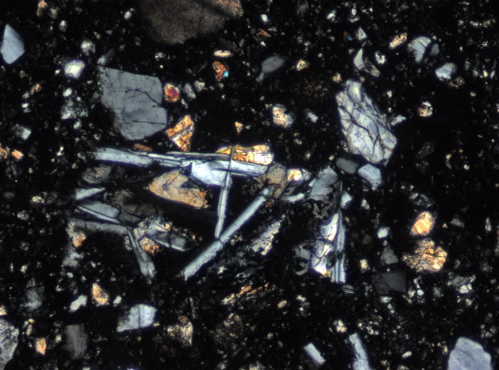 Thin Section Photograph of Apollo 15 Sample 15265,11 in Cross-Polarized Light at 10x Magnification and 0.7 mm Field of View (View #3)