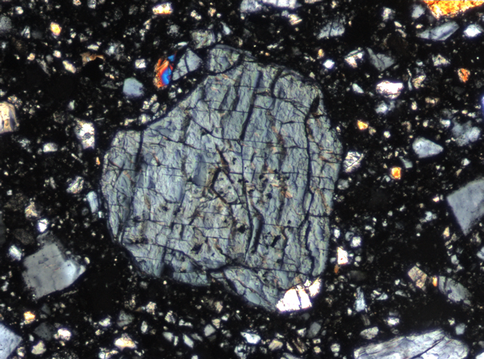 Thin Section Photograph of Apollo 15 Sample 15265,11 in Cross-Polarized Light at 10x Magnification and 0.7 mm Field of View (View #4)