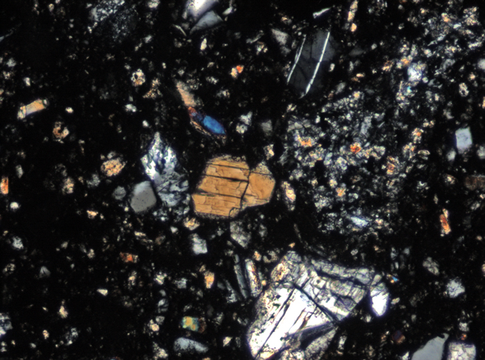 Thin Section Photograph of Apollo 15 Sample 15265,11 in Cross-Polarized Light at 10x Magnification and 0.7 mm Field of View (View #6)