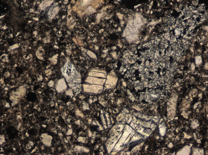 Thin Section Photograph of Apollo 15 Sample 15265,11 in Plane-Polarized Light at 10x Magnification and 0.7 mm Field of View (View #6)