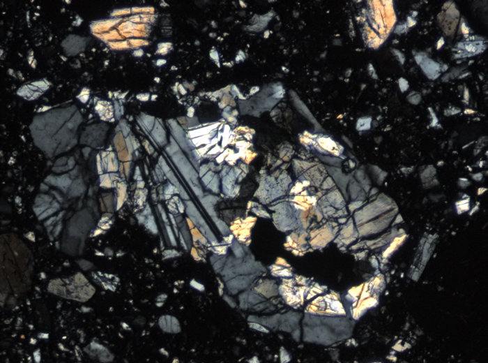 Thin Section Photograph of Apollo 15 Sample 15266,17 in Cross-Polarized Light at 10x Magnification and 0.7 mm Field of View (View #5)