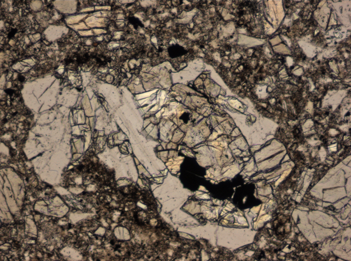 Thin Section Photograph of Apollo 15 Sample 15266,17 in Plane-Polarized Light at 10x Magnification and 0.7 mm Field of View (View #5)