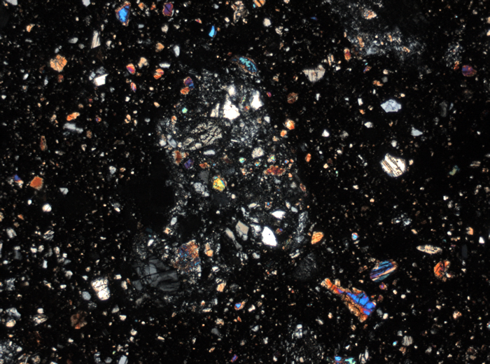 Thin Section Photograph of Apollo 15 Sample 15298,5 in Cross-Polarized Light at 2.5x Magnification and 2.85 mm Field of View (View #1)