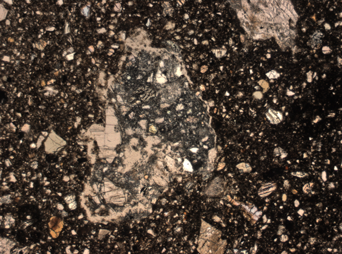 Thin Section Photograph of Apollo 15 Sample 15298,5 in Plane-Polarized Light at 2.5x Magnification and 2.85 mm Field of View (View #1)