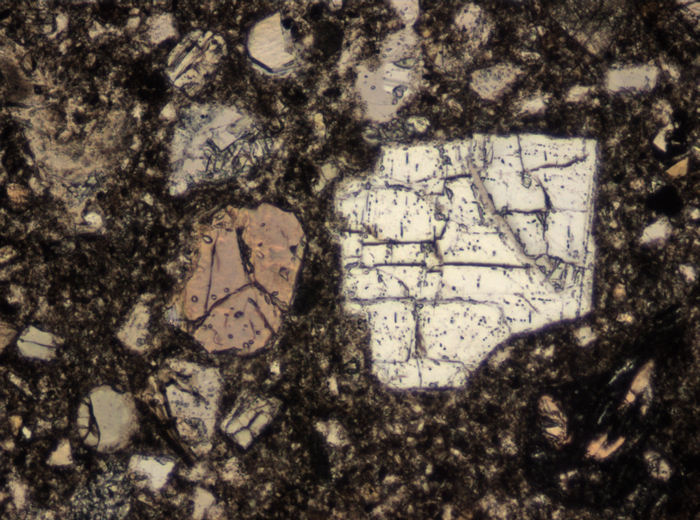 Thin Section Photograph of Apollo 15 Sample 15298,5 in Plane-Polarized Light at 10x Magnification and 0.7 mm Field of View (View #3)