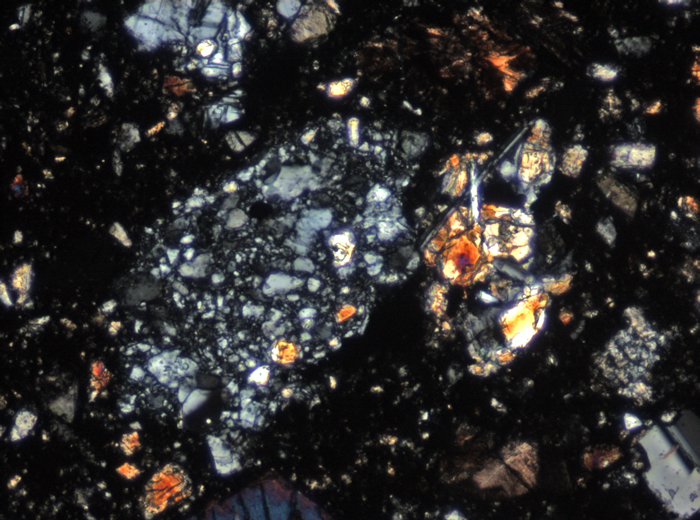 Thin Section Photograph of Apollo 15 Sample 15298,5 in Cross-Polarized Light at 10x Magnification and 0.7 mm Field of View (View #4)