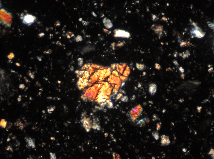 Thin Section Photograph of Apollo 15 Sample 15298,5 in Cross-Polarized Light at 10x Magnification and 0.7 mm Field of View (View #5)