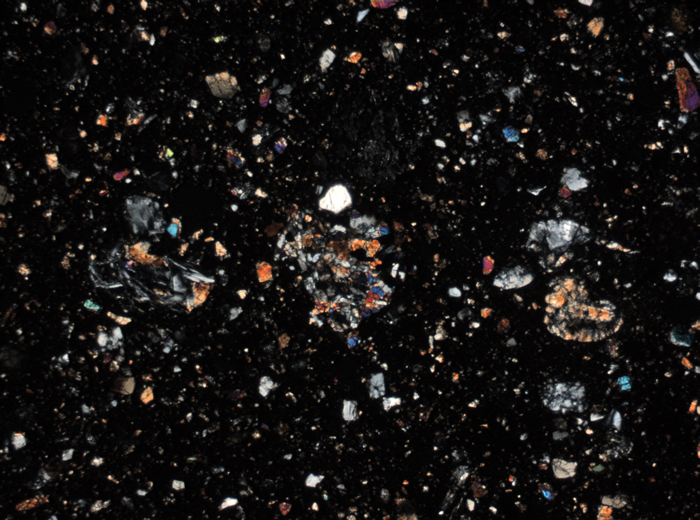 Thin Section Photograph of Apollo 15 Sample 15299,204 in Cross-Polarized Light at 2.5x Magnification and 2.85 mm Field of View (View #1)