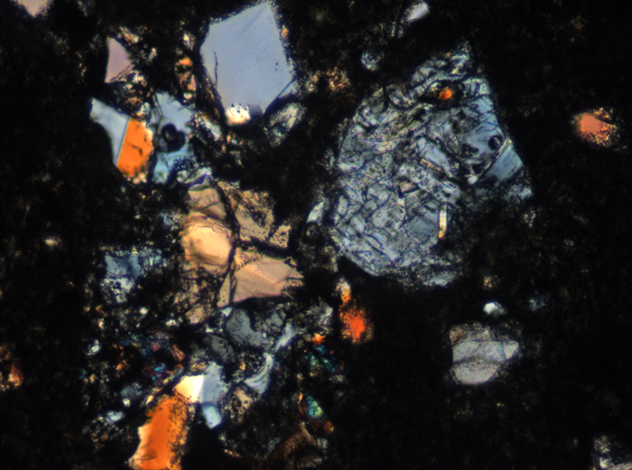 Thin Section Photograph of Apollo 15 Sample 15405,147 in Cross-Polarized Light at 10x Magnification and 0.7 mm Field of View (View #4)