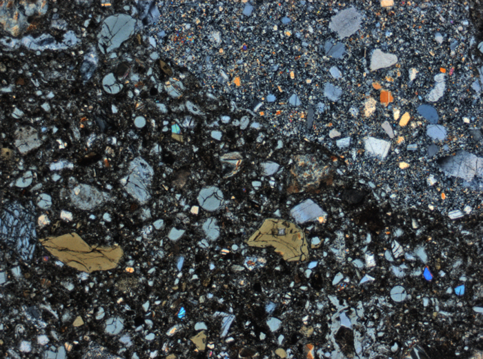 Thin Section Photograph of Apollo 15 Sample 15425,10 in Cross-Polarized Light at 2.5x Magnification and 2.85 mm Field of View (View #1)