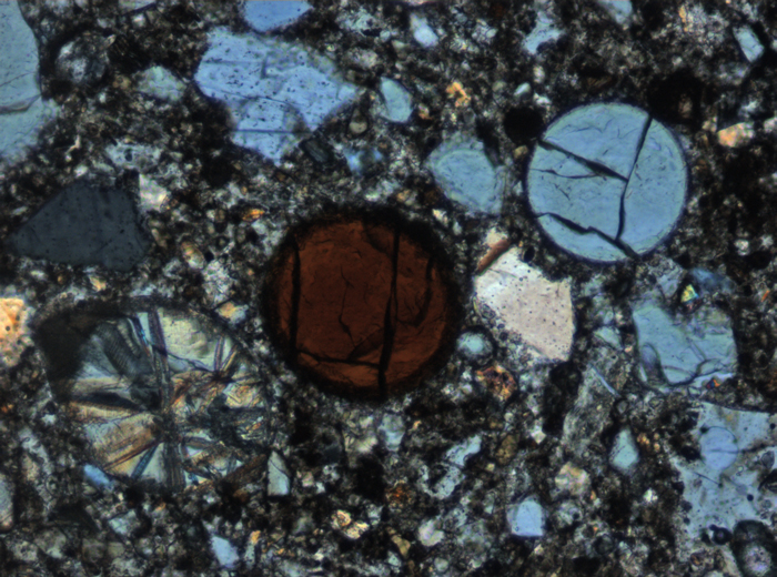 Thin Section Photograph of Apollo 15 Sample 15426,21 in Cross-Polarized Light at 10x Magnification and 0.7 mm Field of View (View #3)
