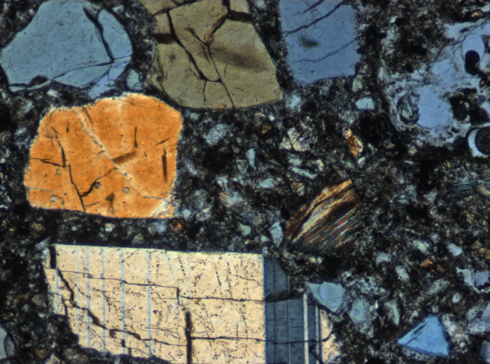 Thin Section Photograph of Apollo 15 Sample 15426,21 in Cross-Polarized Light at 10x Magnification and 0.7 mm Field of View (View #4)