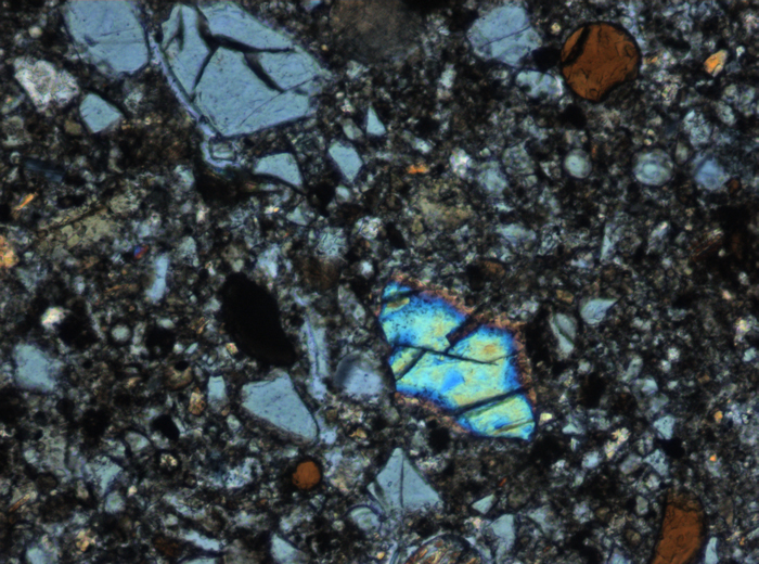 Thin Section Photograph of Apollo 15 Sample 15426,21 in Cross-Polarized Light at 10x Magnification and 0.7 mm Field of View (View #7)