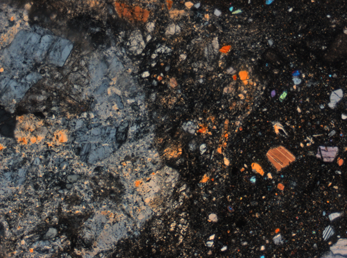 Thin Section Photograph of Apollo 15 Sample 15445,132 in Cross-Polarized Light at 2.5x Magnification and 2.85 mm Field of View (View #1)