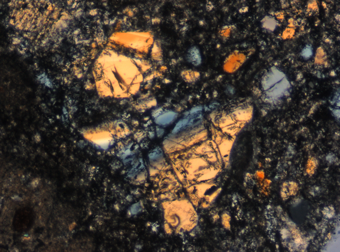 Thin Section Photograph of Apollo 15 Sample 15445,132 in Cross-Polarized Light at 10x Magnification and 0.7 mm Field of View (View #3)