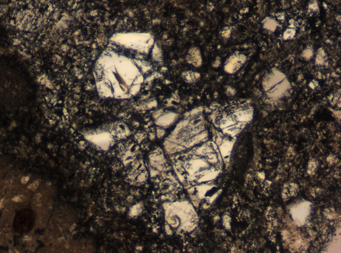 Thin Section Photograph of Apollo 15 Sample 15445,132 in Plane-Polarized Light at 10x Magnification and 0.7 mm Field of View (View #3)