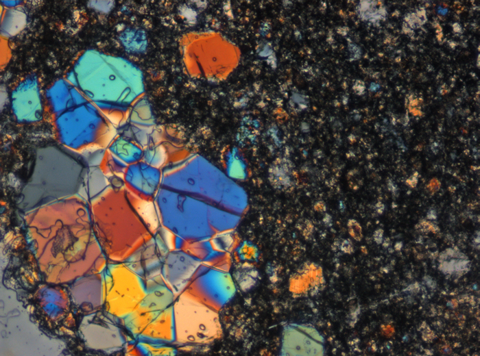 Thin Section Photograph of Apollo 15 Sample 15445,132 in Cross-Polarized Light at 10x Magnification and 0.7 mm Field of View (View #4)