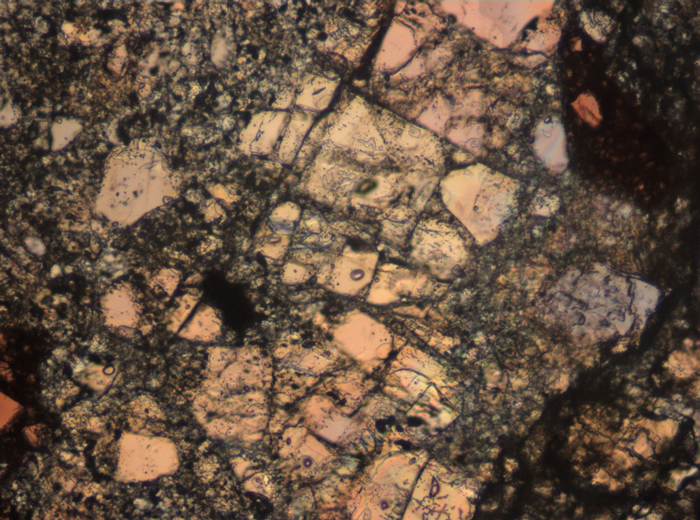 Thin Section Photograph of Apollo 15 Sample 15445,132 in Plane-Polarized Light at 10x Magnification and 0.7 mm Field of View (View #5)
