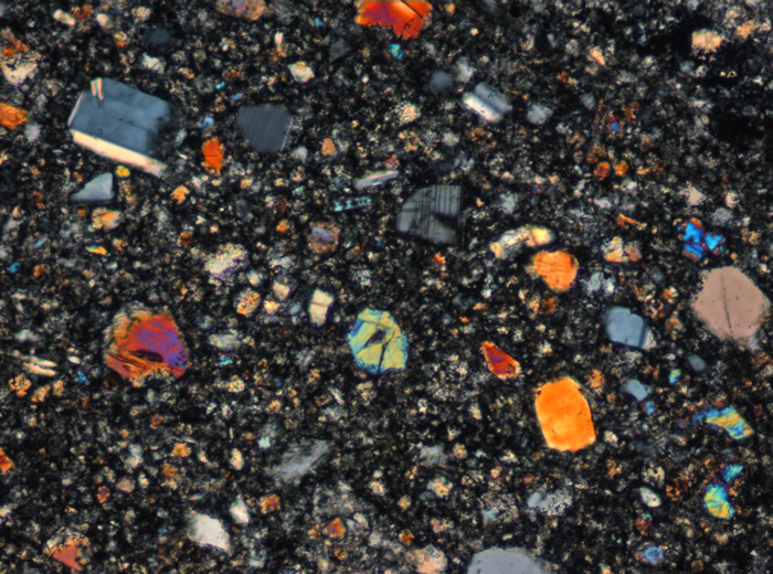 Thin Section Photograph of Apollo 15 Sample 15455,25 in Cross-Polarized Light at 10x Magnification and 0.7 mm Field of View (View #3)