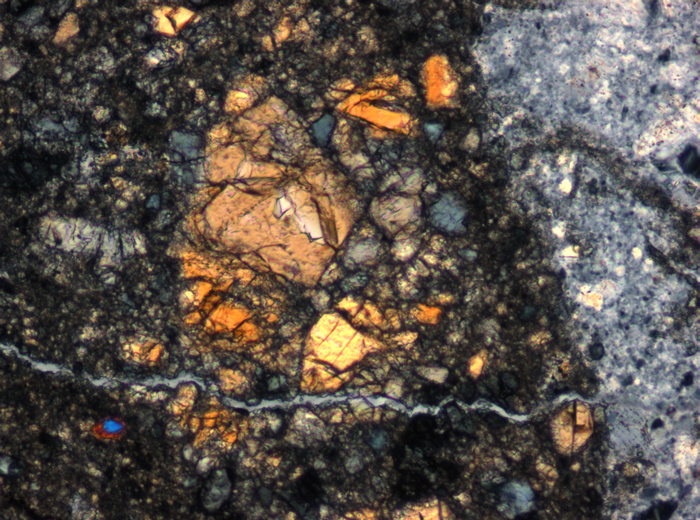 Thin Section Photograph of Apollo 15 Sample 15455,25 in Cross-Polarized Light at 10x Magnification and 0.7 mm Field of View (View #4)