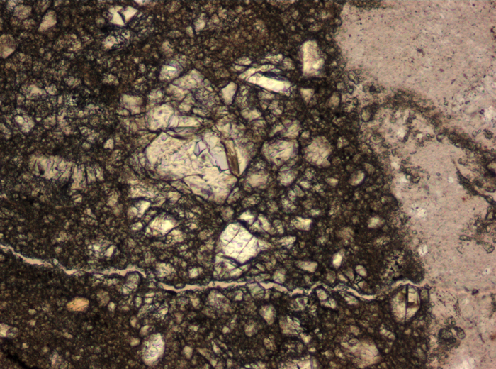 Thin Section Photograph of Apollo 15 Sample 15455,25 in Plane-Polarized Light at 10x Magnification and 0.7 mm Field of View (View #4)