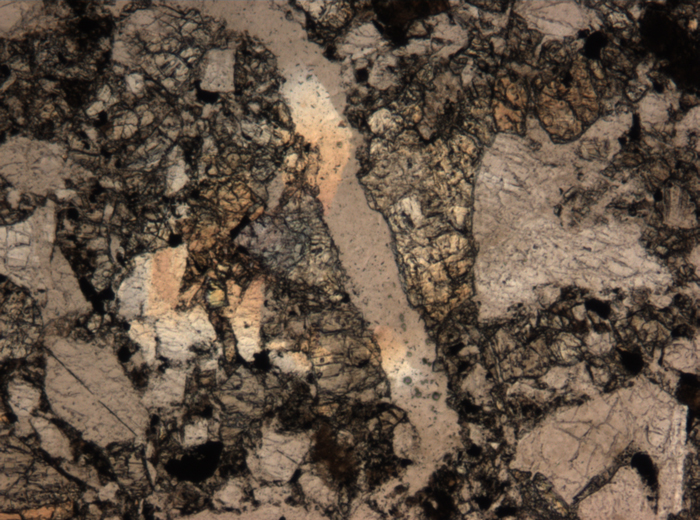 Thin Section Photograph of Apollo 15 Sample 15459,13 in Plane-Polarized Light at 5x Magnification and 1.4 mm Field of View (View #3)
